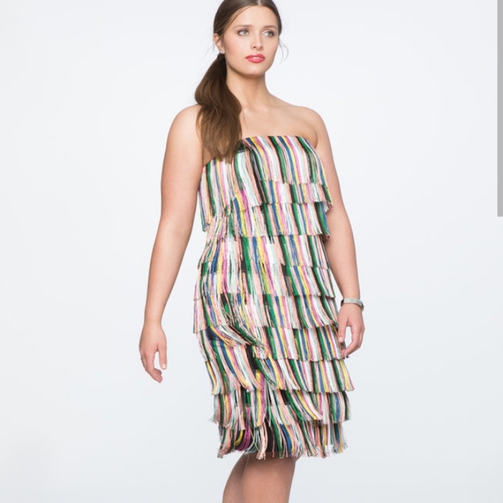 Eloquii Strapless Tiered Fringe Dress in Multicolor Stripes